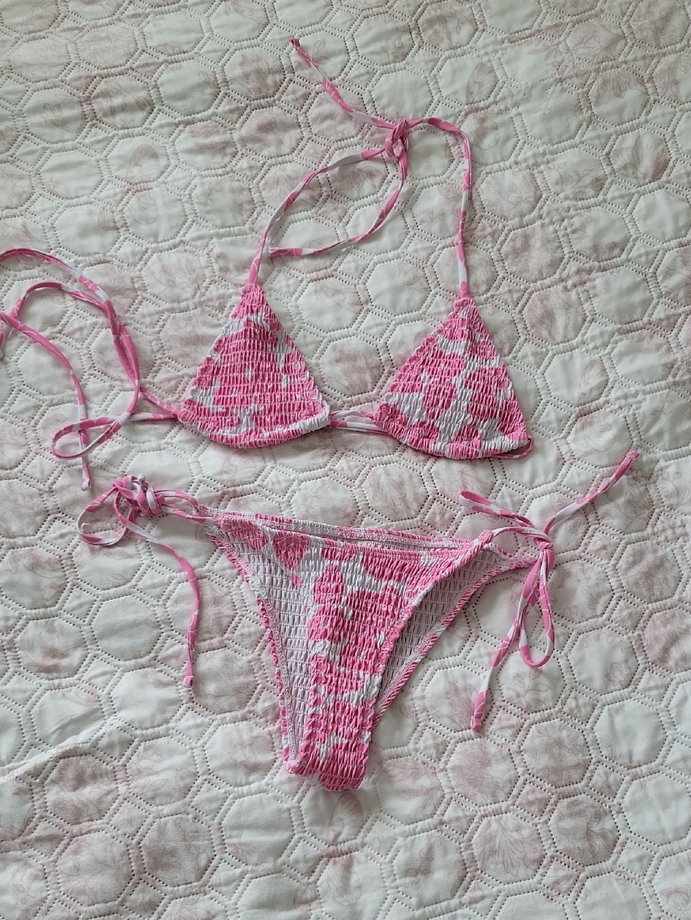 Amazon Pink Smocked Tie-String Bikini Set